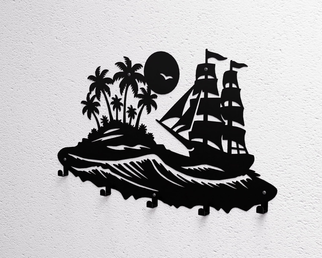 Sailing Ship and Tropical Island Wall-Mounted Coat Rack. DXF, SVG files for plasma, laser cutting. Wall Mount Coat Rack. Фото 9