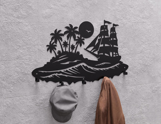 Sailing Ship and Tropical Island Wall-Mounted Coat Rack. DXF, SVG files for plasma, laser cutting. Wall Mount Coat Rack