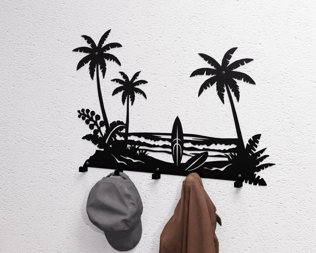 Cabideiro de parede Pranchas de Surf e Palmeiras. Arquivos DXF e SVG para corte e plasma a laser