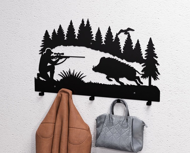 Wild Boar Hunting Wall-Mounted Coat Rack. DXF, SVG files for plasma, laser cutting. Wall Mount Coat Rack