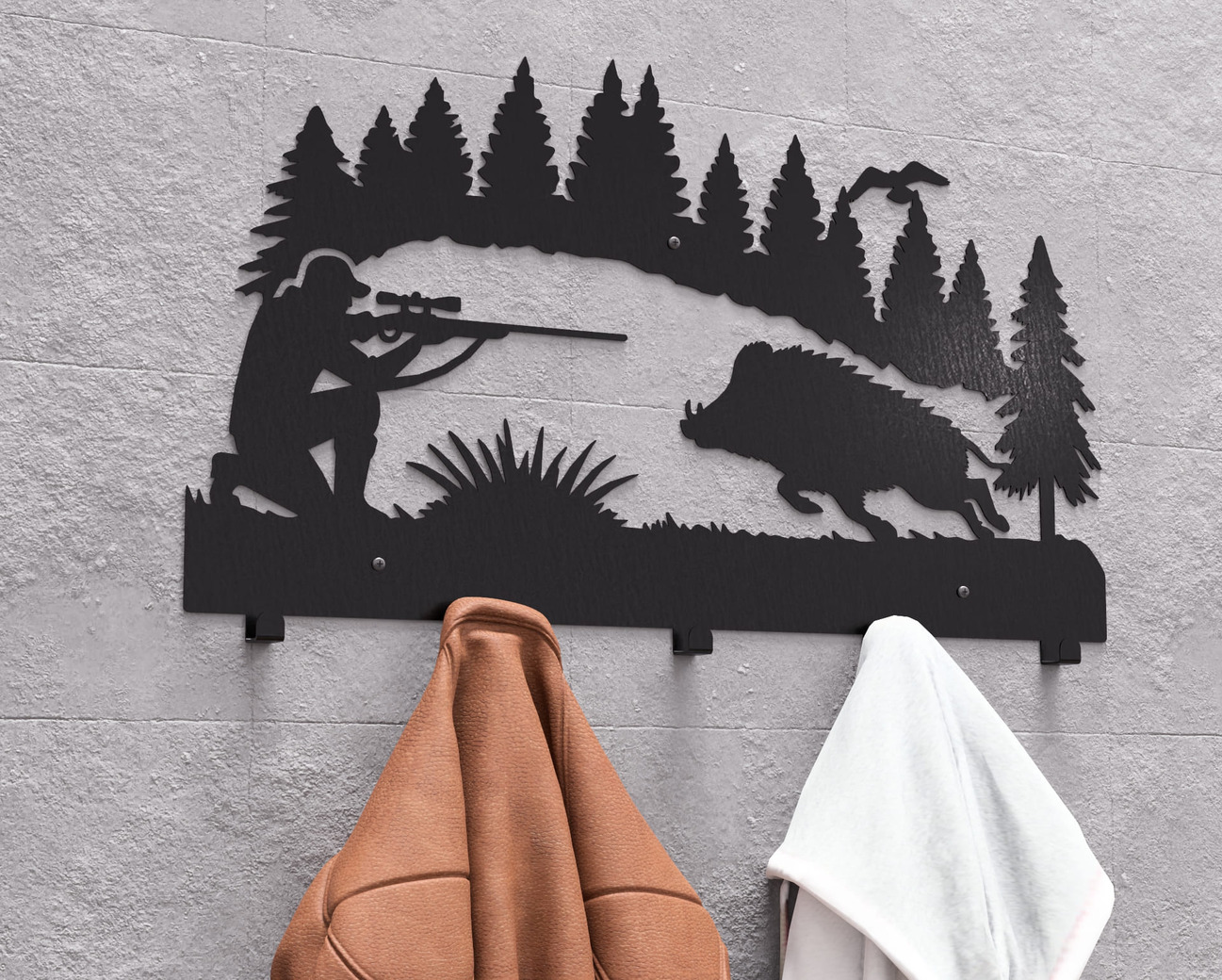Wild Boar Hunting Wall-Mounted Coat Rack. DXF, SVG files for plasma, laser cutting. Wall Mount Coat Rack. Фото 3