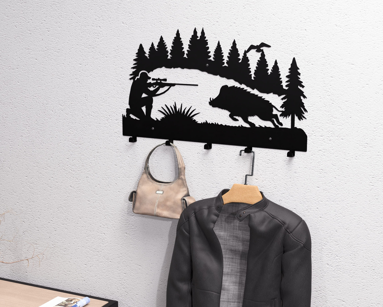 Wild Boar Hunting Wall-Mounted Coat Rack. DXF, SVG files for plasma, laser cutting. Wall Mount Coat Rack. Фото 5