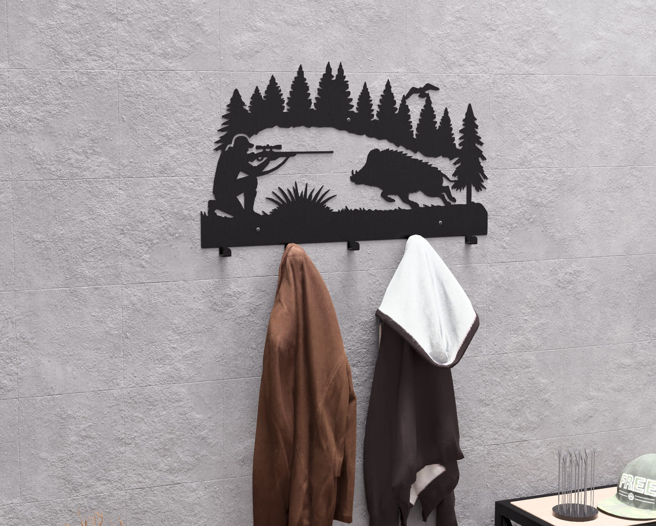 Wild Boar Hunting Wall-Mounted Coat Rack. DXF, SVG files for plasma, laser cutting. Wall Mount Coat Rack. Фото 2