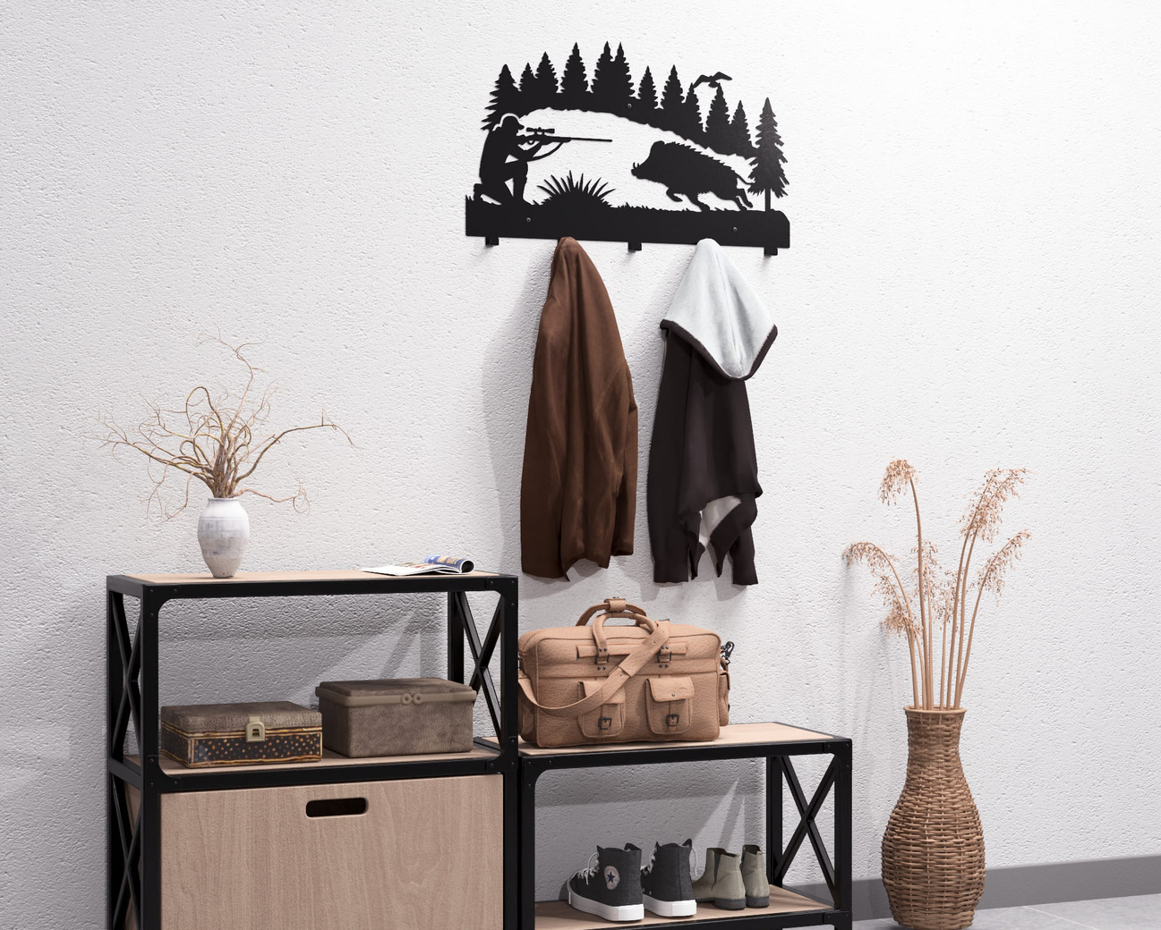 Wild Boar Hunting Wall-Mounted Coat Rack. DXF, SVG files for plasma, laser cutting. Wall Mount Coat Rack. Фото 9