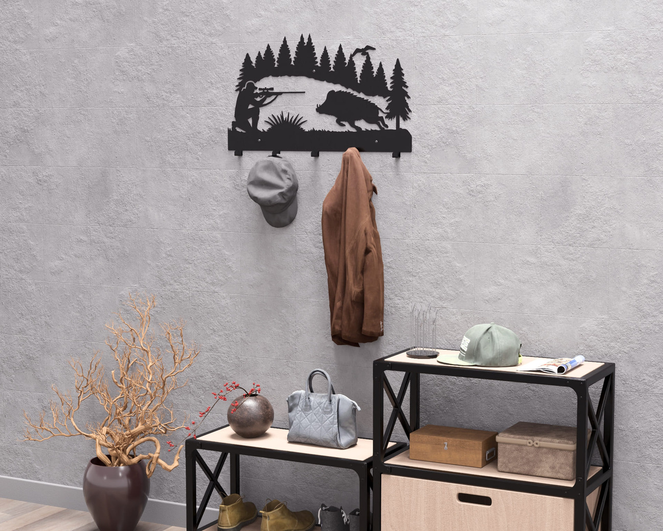 Wild Boar Hunting Wall-Mounted Coat Rack. DXF, SVG files for plasma, laser cutting. Wall Mount Coat Rack. Фото 6