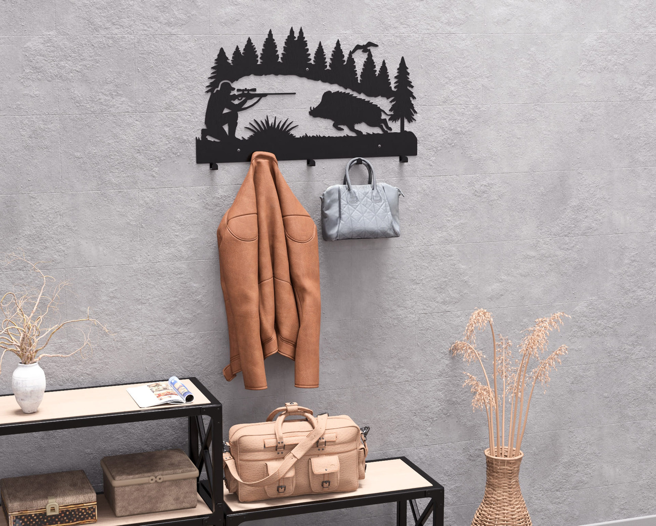 Wild Boar Hunting Wall-Mounted Coat Rack. DXF, SVG files for plasma, laser cutting. Wall Mount Coat Rack. Фото 7