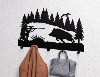 Wild Boar Hunting Wall-Mounted Coat Rack. DXF, SVG files for plasma, laser cutting. Wall Mount Coat Rack