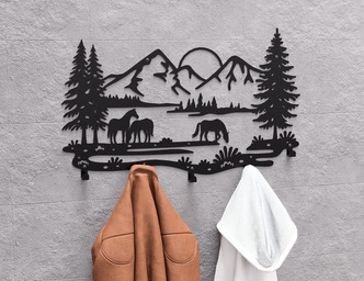 Wild Horses in the Mountains Wall-Mounted Coat Rack. DXF, SVG files for plasma, laser cutting. Wall Mount Coat Rack