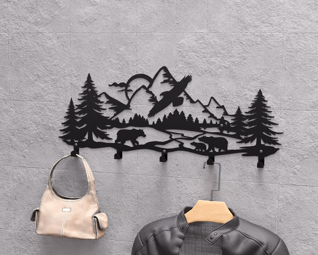 Wildlife in the Mountain Wall-Mounted Coat Rack V1. DXF, SVG files for plasma, laser cutting. Wall Mount Coat Rack
