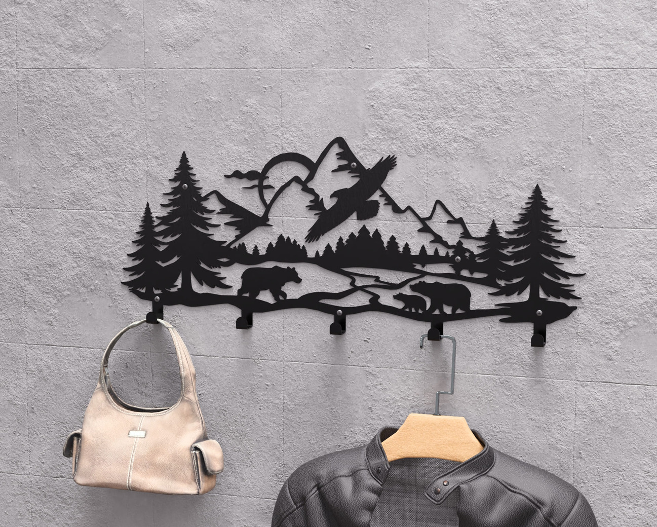 Wildlife in the Mountain Wall-Mounted Coat Rack V1. DXF, SVG files for plasma, laser cutting. Wall Mount Coat Rack