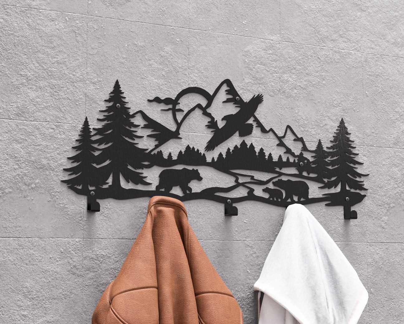 Wildlife in the Mountain Wall-Mounted Coat Rack V1. DXF, SVG files for plasma, laser cutting. Wall Mount Coat Rack. Фото 4