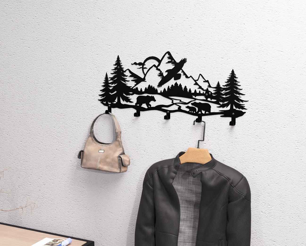 Wildlife in the Mountain Wall-Mounted Coat Rack V1. DXF, SVG files for plasma, laser cutting. Wall Mount Coat Rack. Фото 2