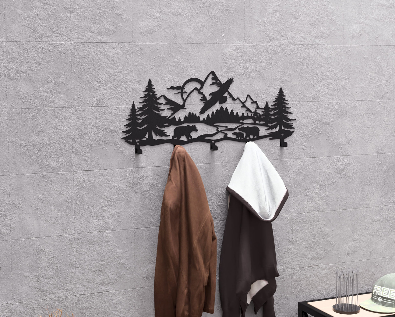 Wildlife in the Mountain Wall-Mounted Coat Rack V1. DXF, SVG files for plasma, laser cutting. Wall Mount Coat Rack. Фото 3