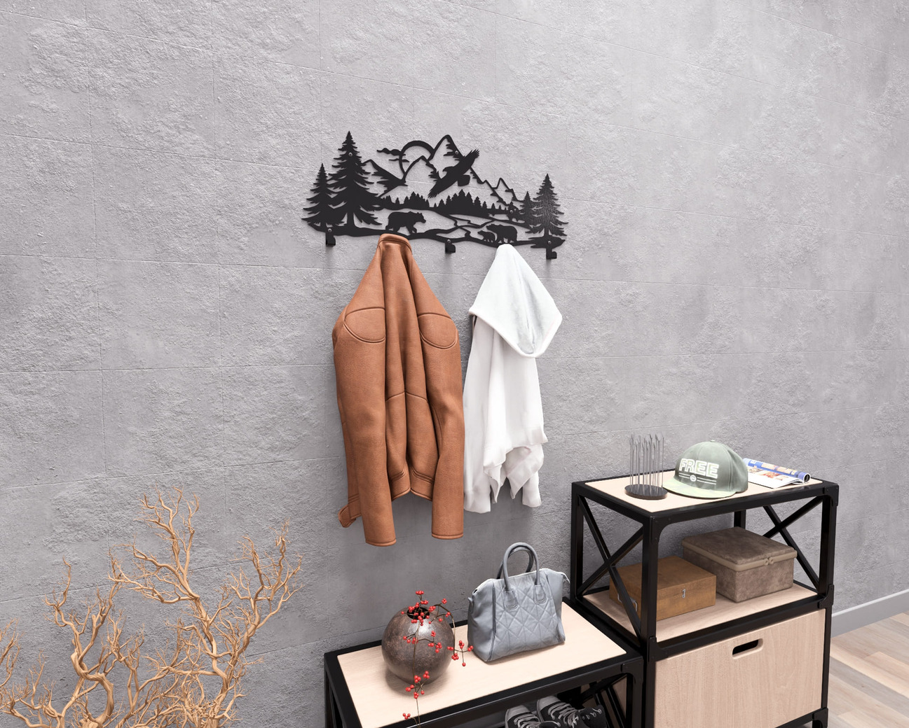 Wildlife in the Mountain Wall-Mounted Coat Rack V1. DXF, SVG files for plasma, laser cutting. Wall Mount Coat Rack. Фото 5