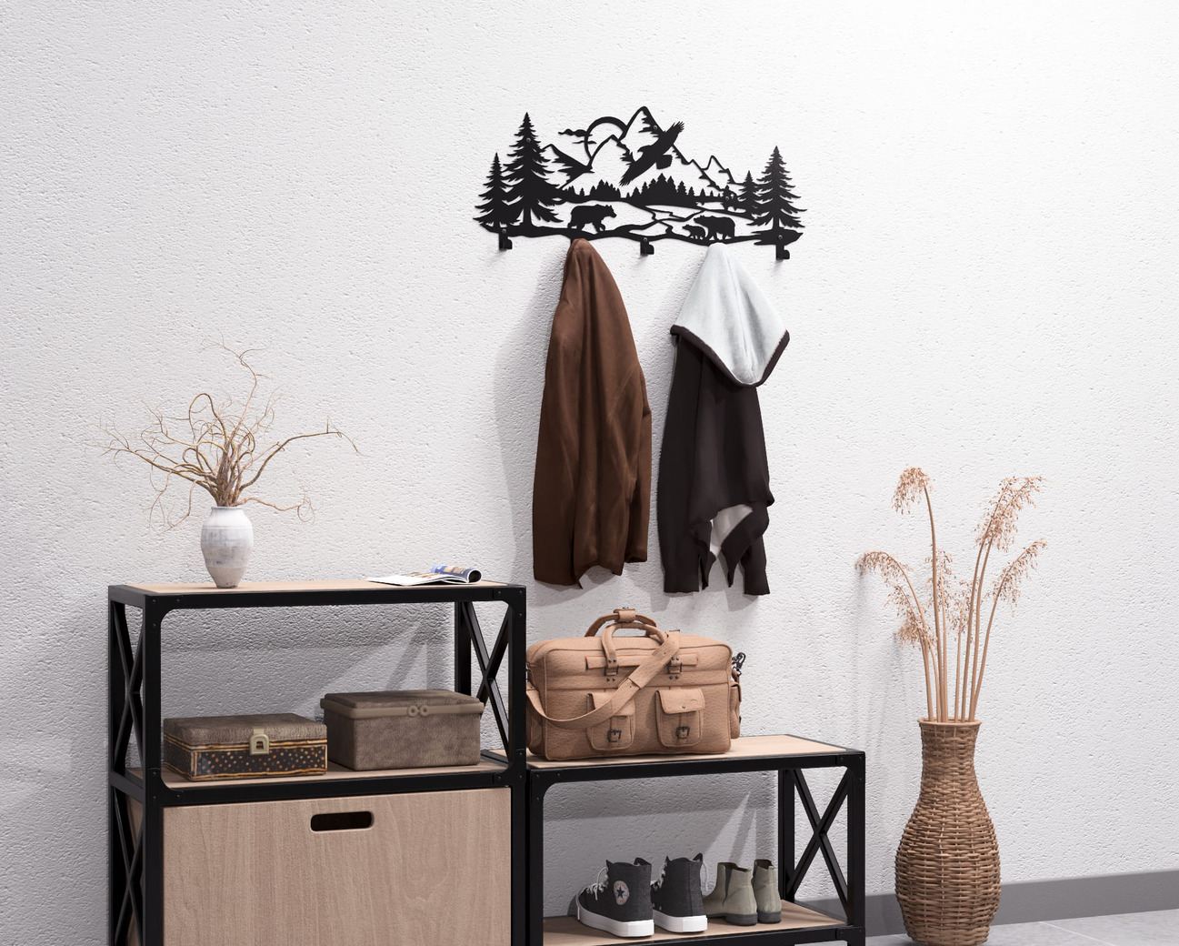 Wildlife in the Mountain Wall-Mounted Coat Rack V1. DXF, SVG files for plasma, laser cutting. Wall Mount Coat Rack. Фото 7
