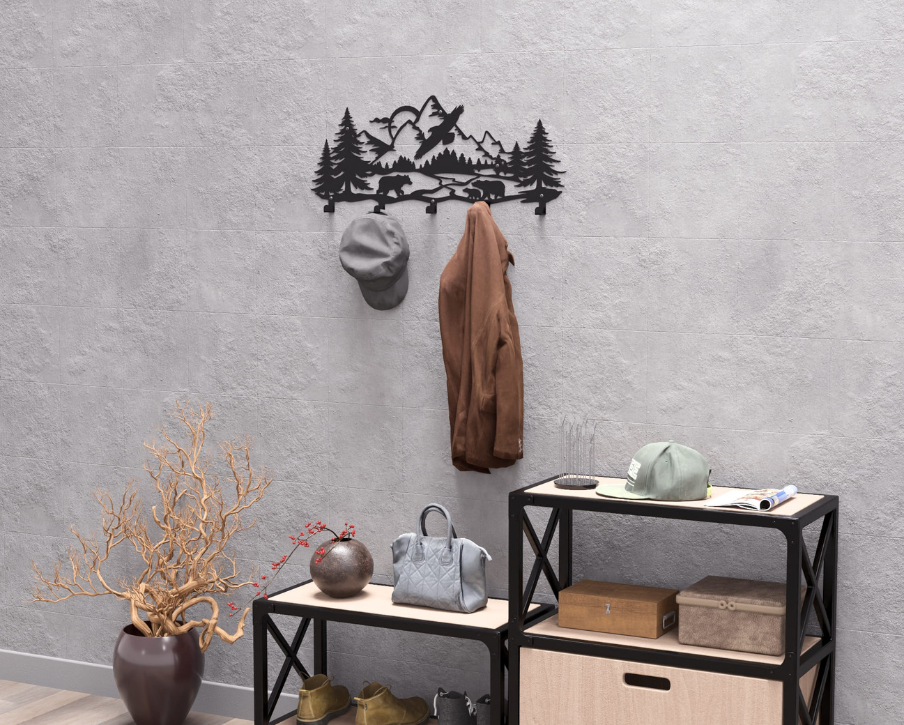 Wildlife in the Mountain Wall-Mounted Coat Rack V1. DXF, SVG files for plasma, laser cutting. Wall Mount Coat Rack. Фото 6