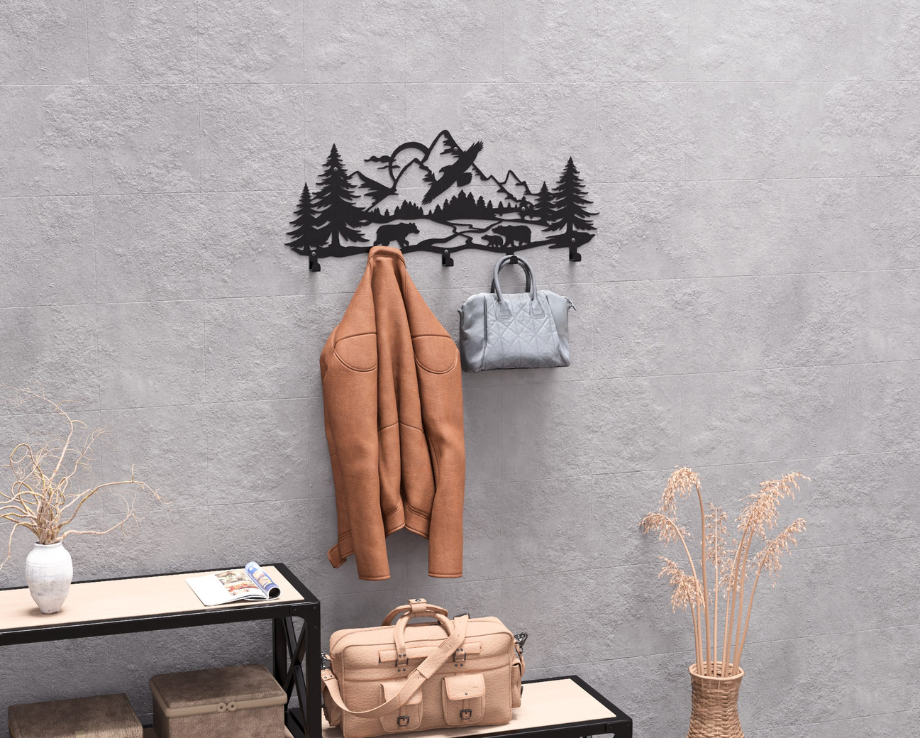 Wildlife in the Mountain Wall-Mounted Coat Rack V1. DXF, SVG files for plasma, laser cutting. Wall Mount Coat Rack. Фото 8