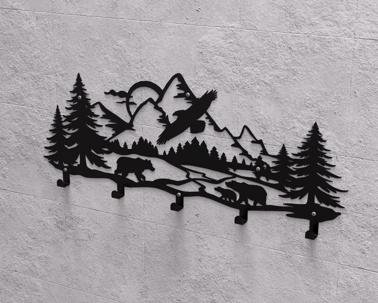 Wildlife in the Mountain Wall-Mounted Coat Rack V1. DXF, SVG files for plasma, laser cutting. Wall Mount Coat Rack. Фото 9