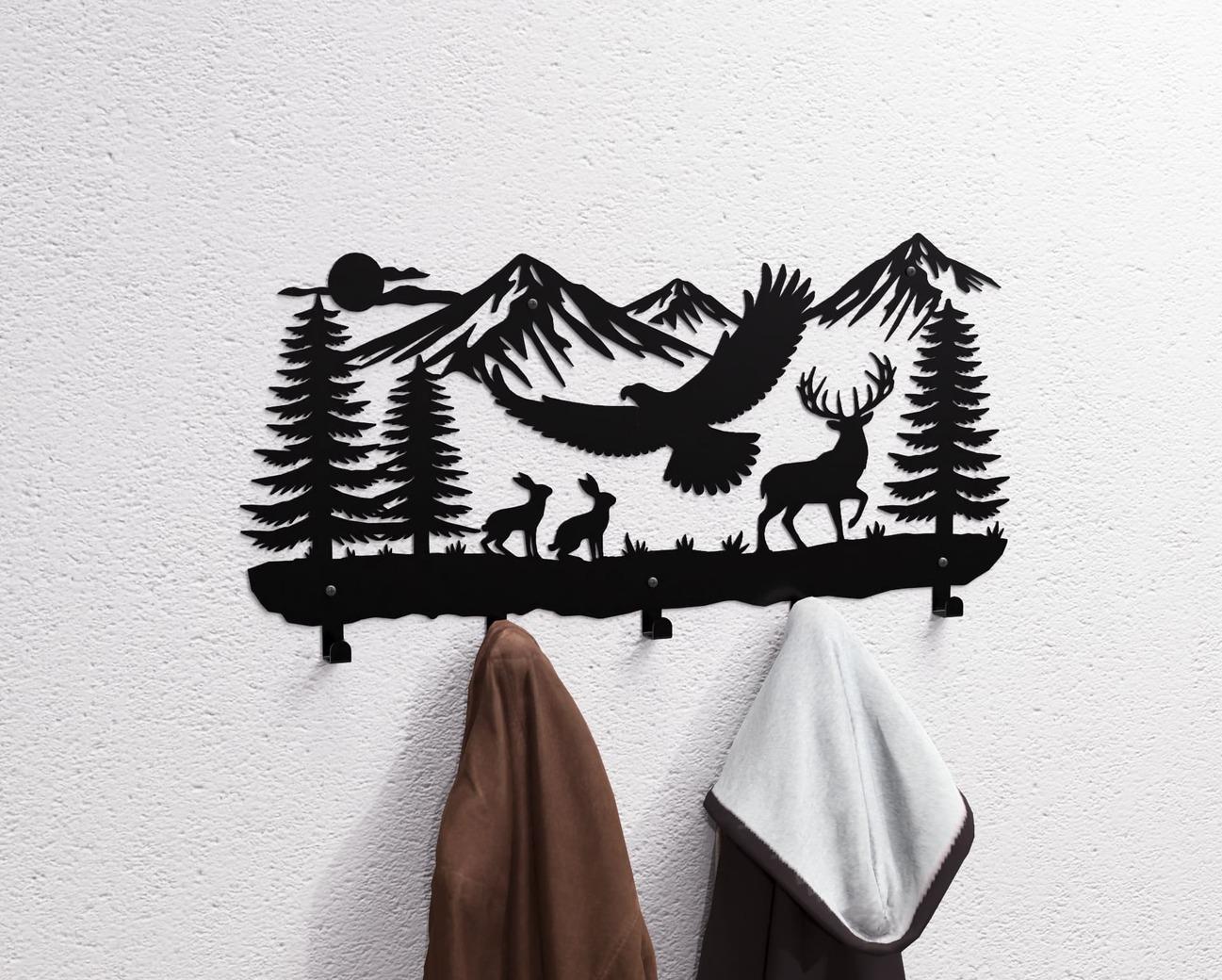 Wildlife in the Mountain Wall-Mounted Coat Rack V2. DXF, SVG files for plasma, laser cutting. Wall Mount Coat Rack