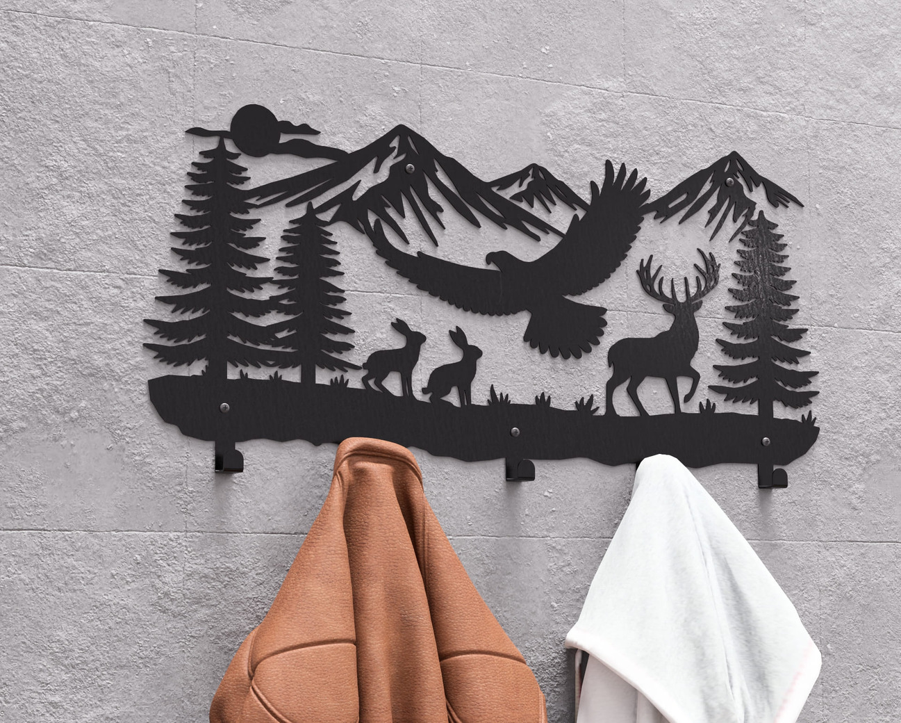 Wildlife in the Mountain Wall-Mounted Coat Rack V2. DXF, SVG files for plasma, laser cutting. Wall Mount Coat Rack. Фото 4
