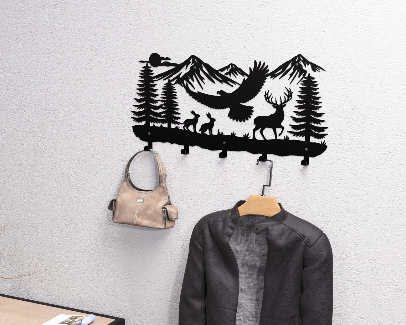 Wildlife in the Mountain Wall-Mounted Coat Rack V2. DXF, SVG files for plasma, laser cutting. Wall Mount Coat Rack. Фото 2