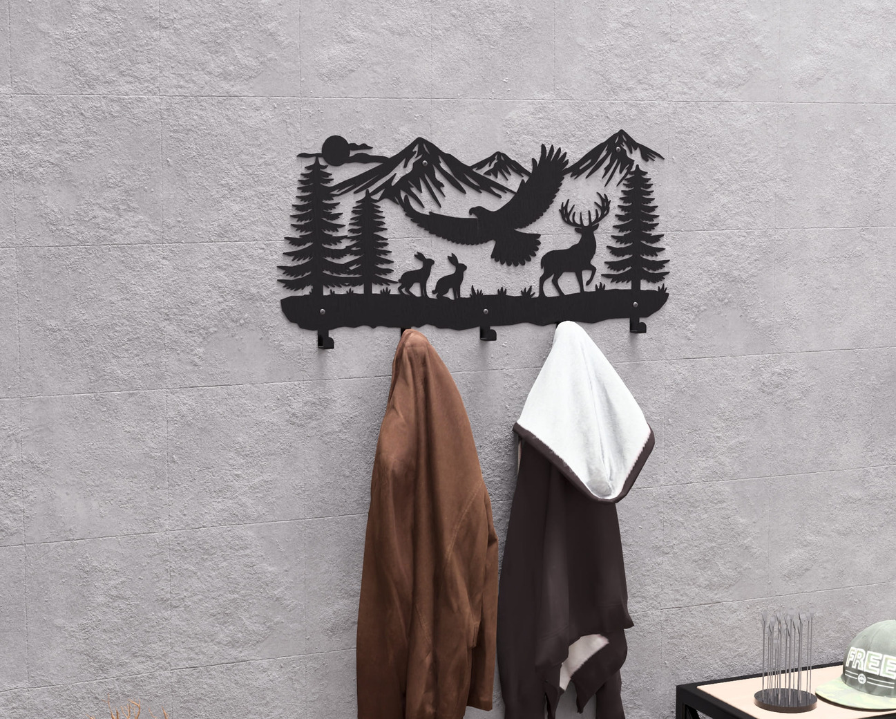 Wildlife in the Mountain Wall-Mounted Coat Rack V2. DXF, SVG files for plasma, laser cutting. Wall Mount Coat Rack. Фото 3