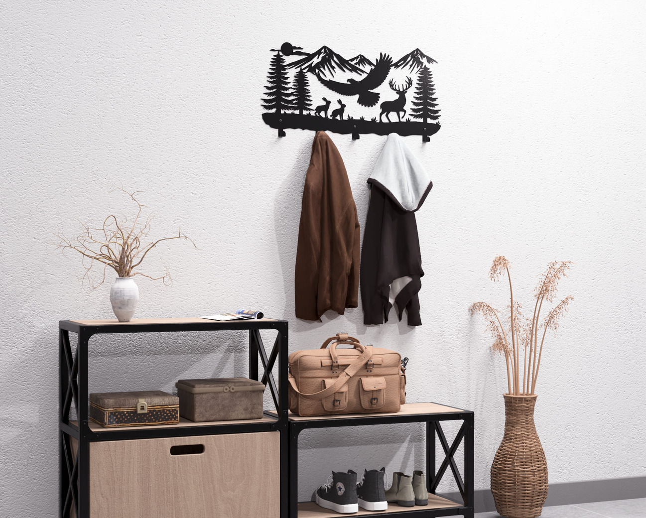 Wildlife in the Mountain Wall-Mounted Coat Rack V2. DXF, SVG files for plasma, laser cutting. Wall Mount Coat Rack. Фото 5