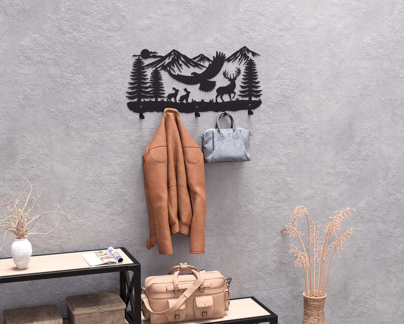 Wildlife in the Mountain Wall-Mounted Coat Rack V2. DXF, SVG files for plasma, laser cutting. Wall Mount Coat Rack. Фото 8