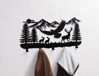 Wildlife in the Mountain Wall-Mounted Coat Rack V2. DXF, SVG files for plasma, laser cutting. Wall Mount Coat Rack