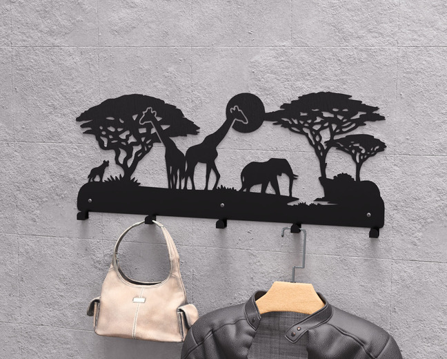 Wildlife of the African Savanna Wall-Mounted Coat Rack. DXF, SVG files for plasma, laser cutting. Wall Mount Coat Rack