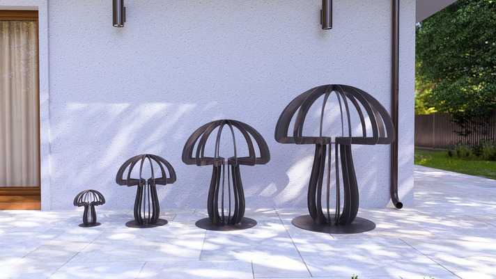 Decorațiune în formă de ciupercă (patru dimensiuni) pentru grădină, curte sau casă. Fișiere DXF, SVG pentru tăiere cu plasmă și laser. Decor pentru curte