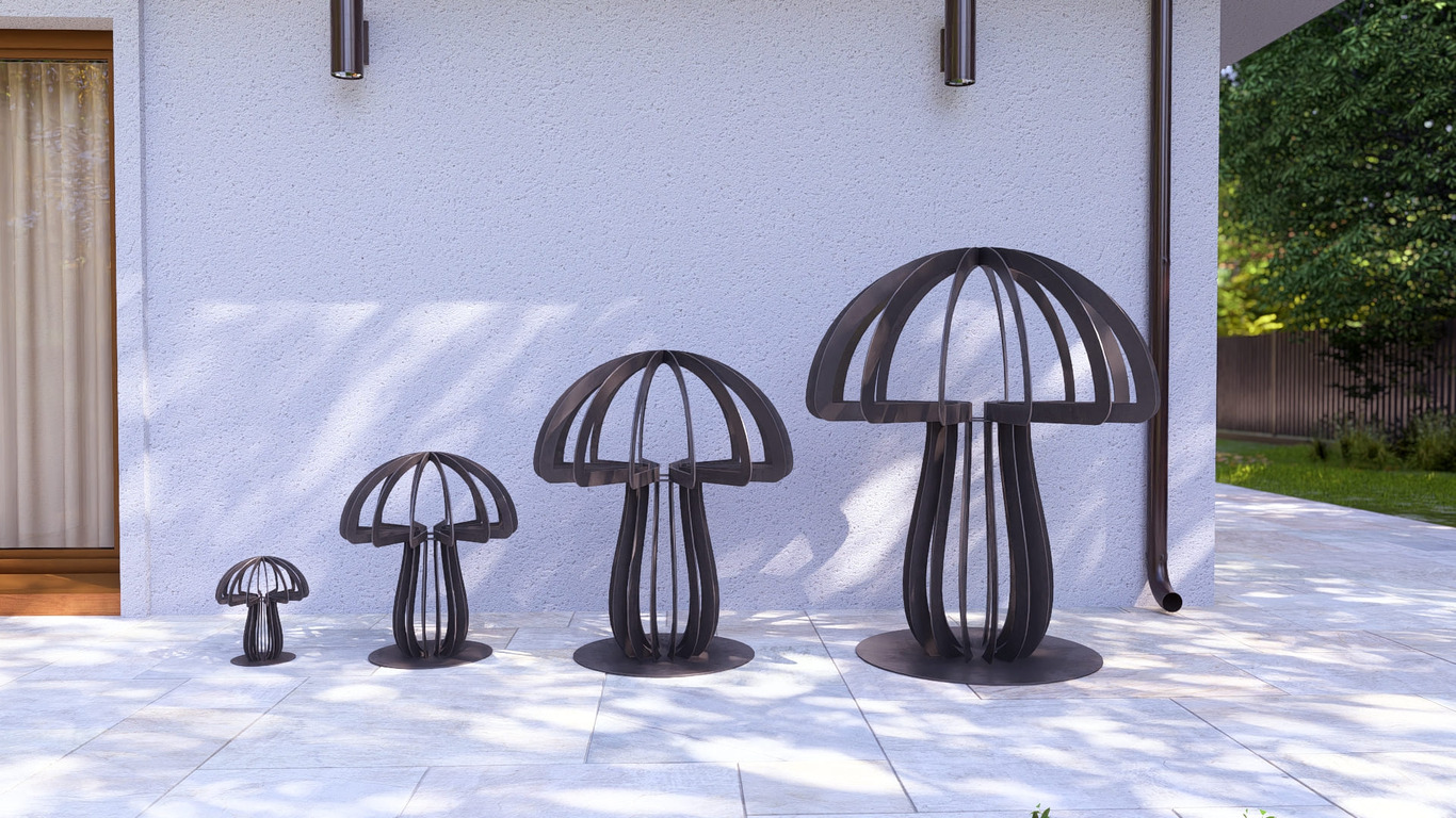 Decorațiune în formă de ciupercă (patru dimensiuni) pentru grădină, curte sau casă. Fișiere DXF, SVG pentru tăiere cu plasmă și laser. Decor pentru curte