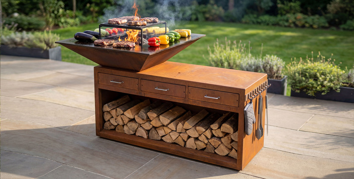 Square Fire Pit Grill V3 with Niche for Firewood and drawers. DXF files for plasma, laser cutting. Plancha BBQ