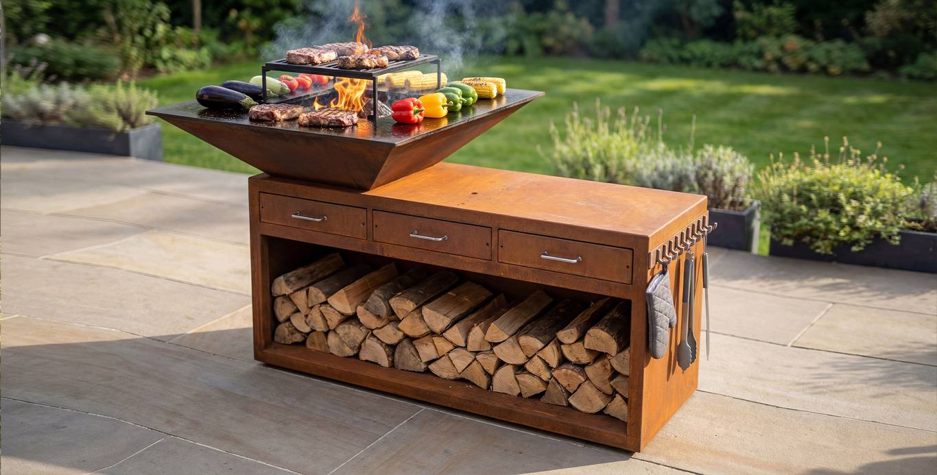 Square Fire Pit Grill V3 with Niche for Firewood and drawers. DXF files for plasma, laser cutting. Plancha BBQ