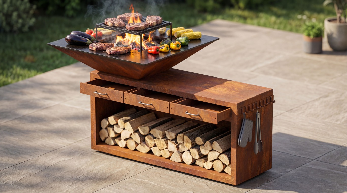 Square Fire Pit Grill V3 with Niche for Firewood and drawers. DXF files for plasma, laser cutting. Plancha BBQ. Фото 2