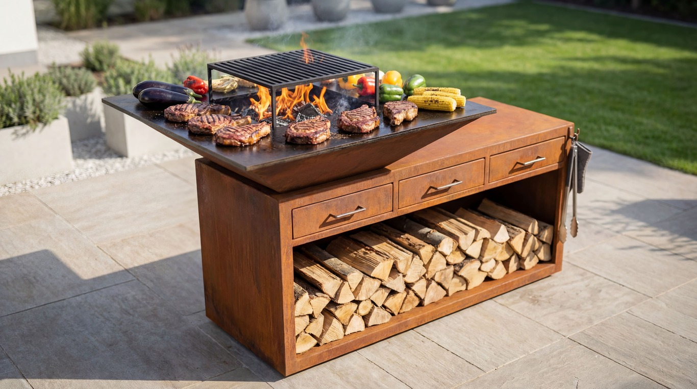 Square Fire Pit Grill V3 with Niche for Firewood and drawers. DXF files for plasma, laser cutting. Plancha BBQ. Фото 3
