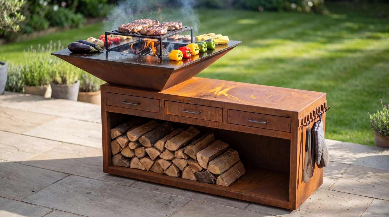 Square Fire Pit Grill V3 with Niche for Firewood and drawers. DXF files for plasma, laser cutting. Plancha BBQ. Фото 4