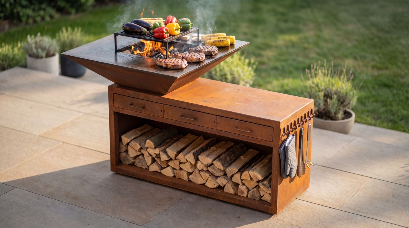 Square Fire Pit Grill V3 with Niche for Firewood and drawers. DXF files for plasma, laser cutting. Plancha BBQ. Фото 5