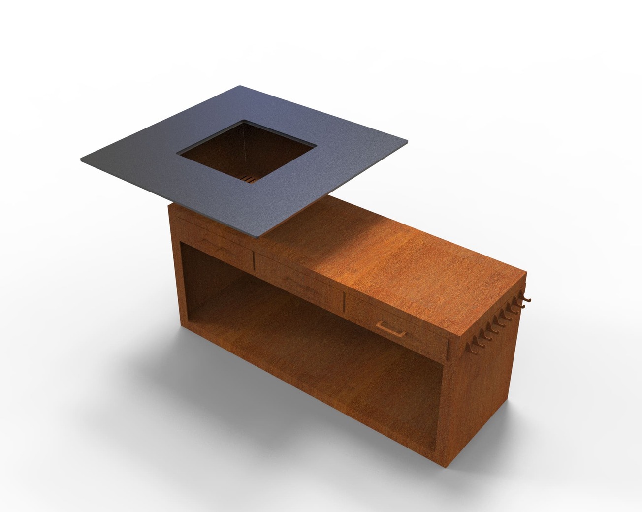 Square Fire Pit Grill V3 with Niche for Firewood and drawers. DXF files for plasma, laser cutting. Plancha BBQ. Фото 8