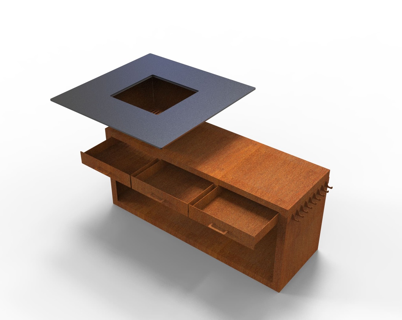 Square Fire Pit Grill V3 with Niche for Firewood and drawers. DXF files for plasma, laser cutting. Plancha BBQ. Фото 9