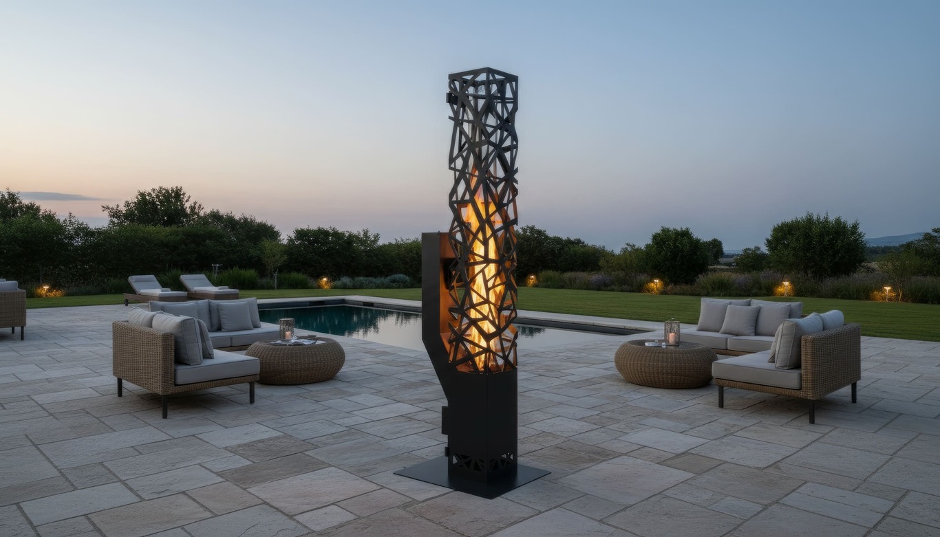 Abstraction Pellet Fire Tower. DXF files for laser, plasma cutting. Wood pellet patio heater for Garden