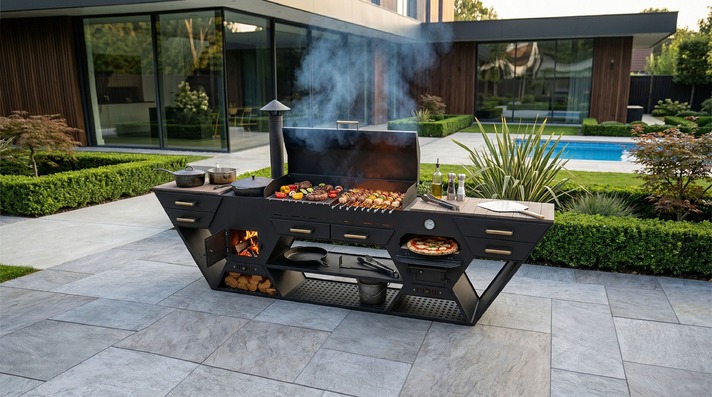 Bucătărie de Vară Multifuncțională. Fișiere DXF, SVG pentru tăiere cu plasmă și laser. Grătar Complet. 3-în-1: Zonă de Grill + Cuptor pizza + Sobă pentru Ceaun