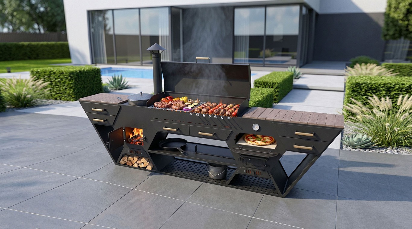 Bucătărie de Vară Multifuncțională. Fișiere DXF, SVG pentru tăiere cu plasmă și laser. Grătar Complet. 3-în-1: Zonă de Grill + Cuptor pizza + Sobă pentru Ceaun. Фото 2