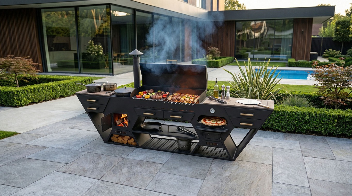 Bucătărie de Vară Multifuncțională. Fișiere DXF, SVG pentru tăiere cu plasmă și laser. Grătar Complet. 3-în-1: Zonă de Grill + Cuptor pizza + Sobă pentru Ceaun