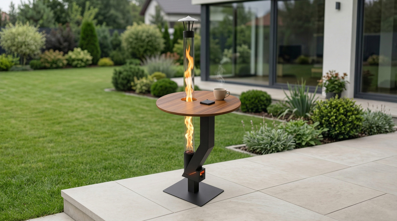 Wood Pellet Patio Heater with Tabletop. DXF files for laser, plasma cutting. Glass Tube Rocket Stove for Outdoor