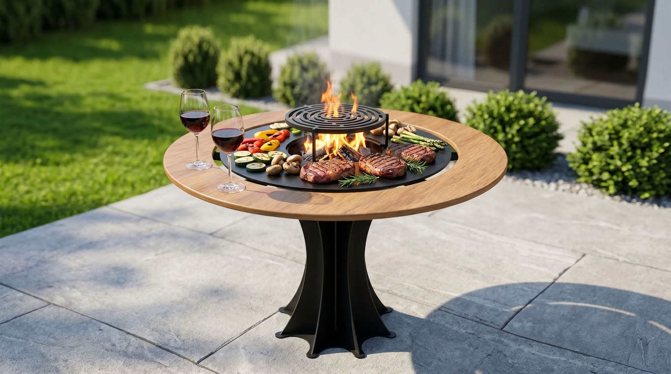 Round Fire Pit Grill on Leg with Tabletop. DXF files for plasma, laser cutting. Plancha BBQ