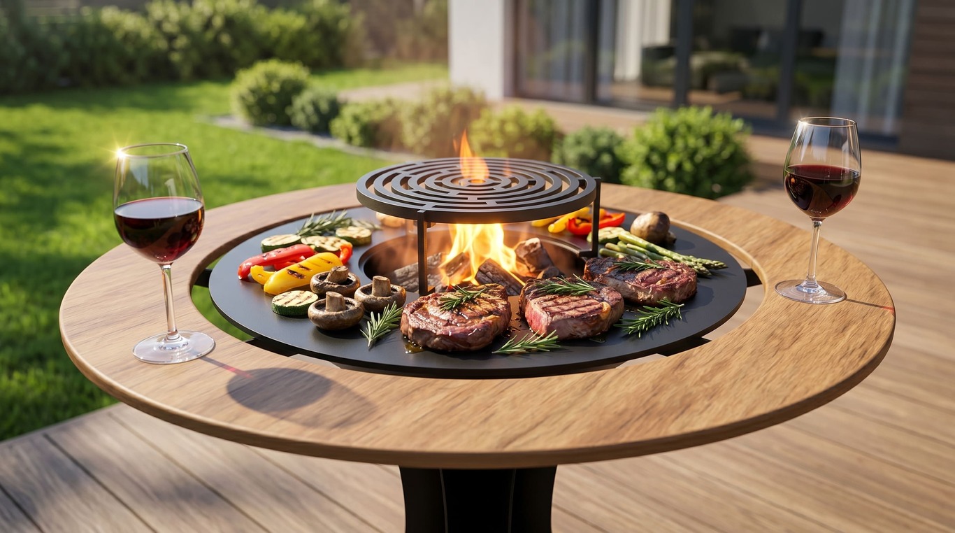 Round Fire Pit Grill on Leg with Tabletop. DXF files for plasma, laser cutting. Plancha BBQ. Фото 2