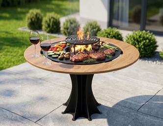 Round Fire Pit Grill on Leg with Tabletop. DXF files for plasma, laser cutting. Plancha BBQ
