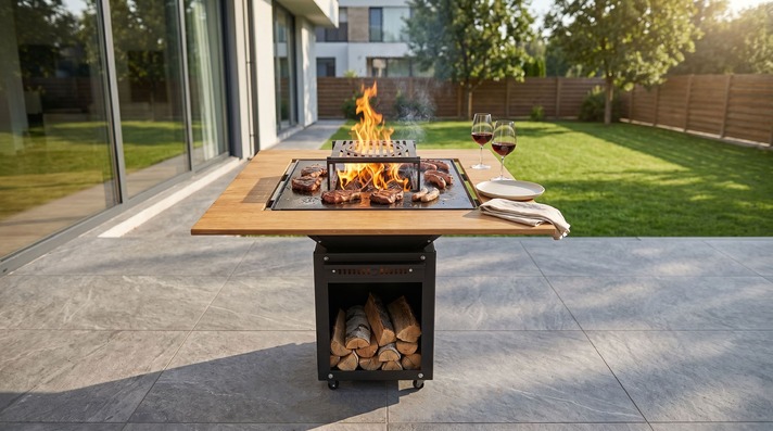 Collapsible 31-Inch Square BBQ Grill with Wooden Tabletop. DXF, SVG files for plasma, laser cutting. Plancha BBQ