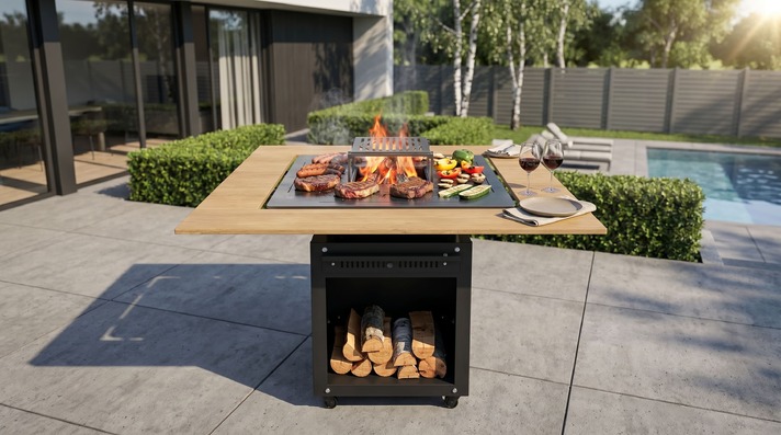 Collapsible 39-Inch Square BBQ Grill with Wooden Tabletop. DXF, SVG files for plasma, laser cutting. Plancha BBQ
